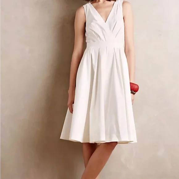Anthropologie Colette Dinnigan White Pleated Trellis Dress Pockets Midi Size 2 - Picture 3 of 11